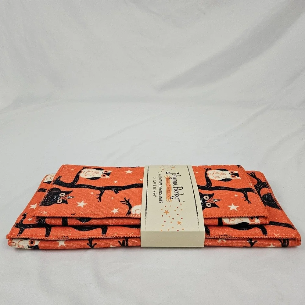 Summerween Owl Drying Mat Set of 2 Orange Microfiber NEW Joanna Parker Decor